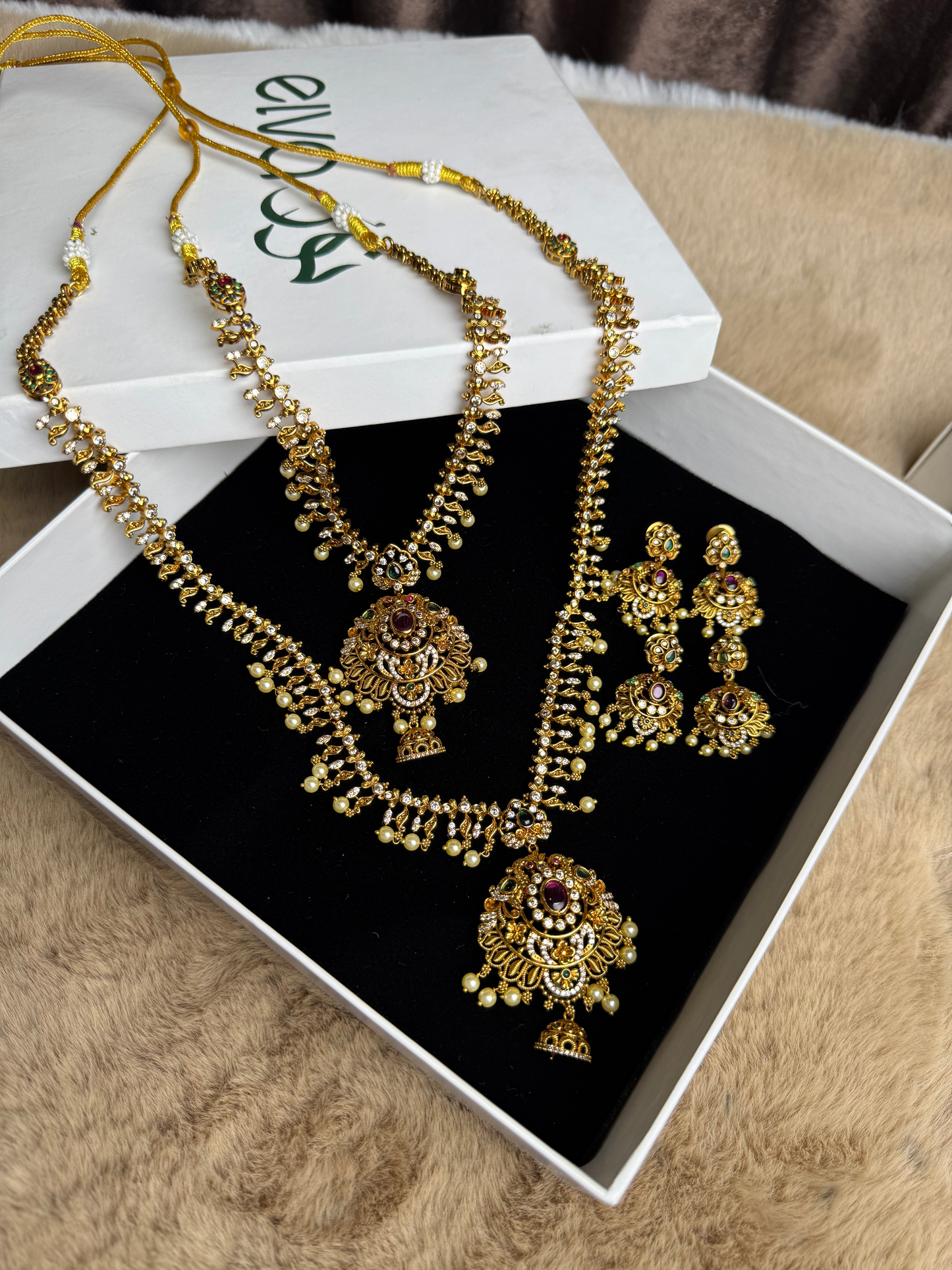 South Indian Double Necklace set with 4 Earrings