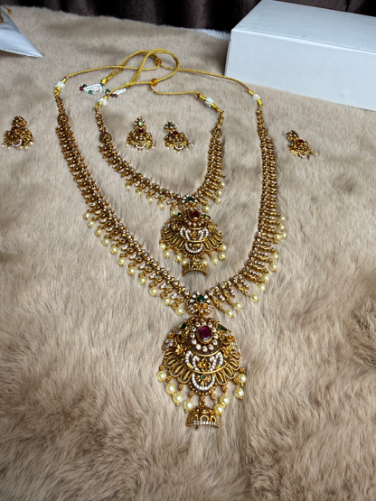 South Indian Double Necklace set with 4 Earrings