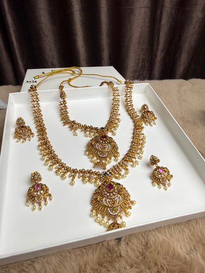 South Indian Double Necklace set with 4 Earrings