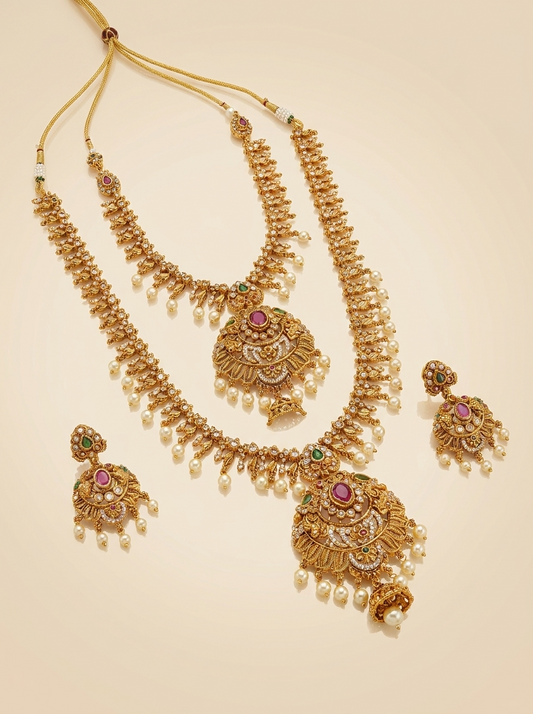 South Indian Double Necklace set with 4 Earrings